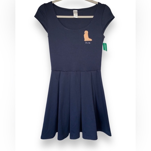 Twik Navy Blue Pleated Skirt Dog/Doghouse Golden Retriever Mini Dress Size XS - Picture 2 of 8